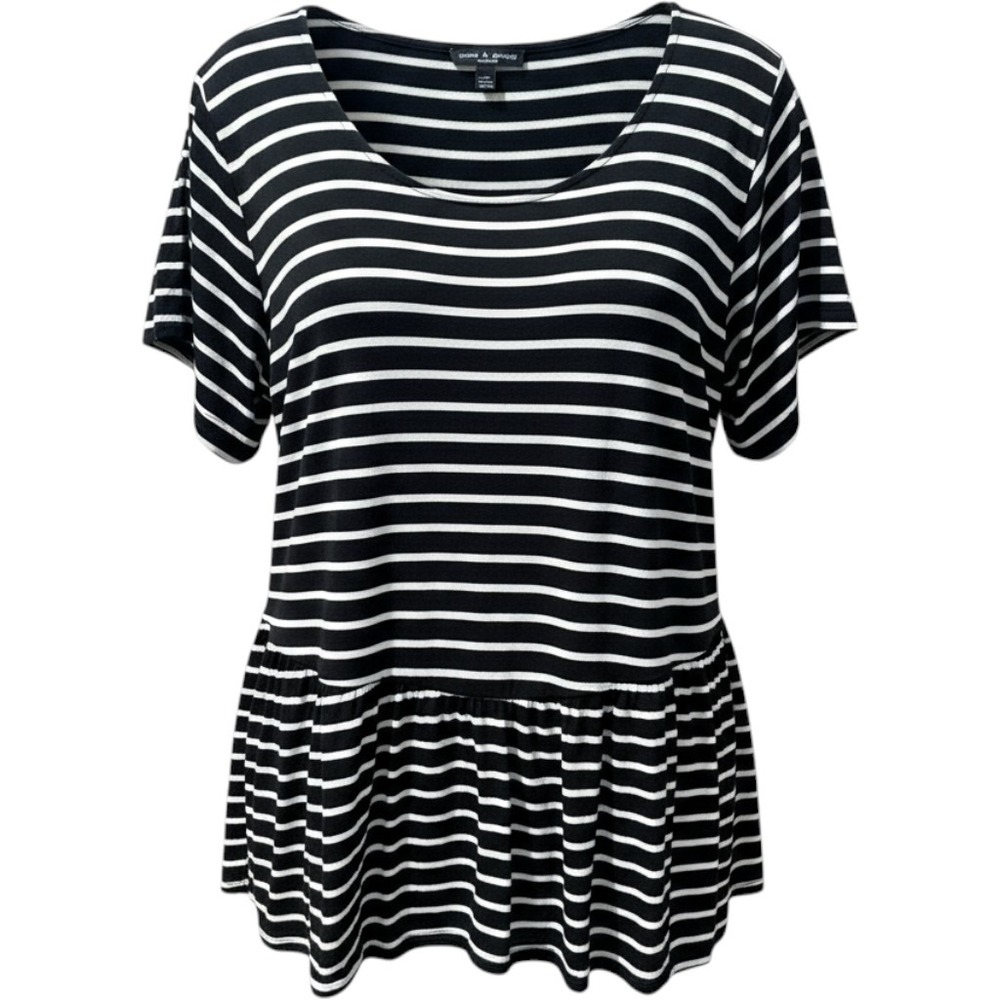 Cable & Gauge Woman Black White Striped Peplum Top Short Sleeve 2X Plus Size